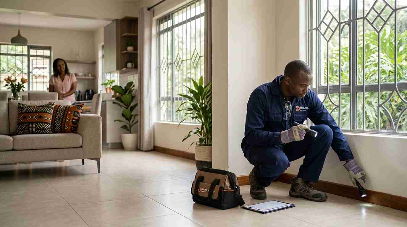 Technician walking a homeowner through inspection findings along living-room baseboards