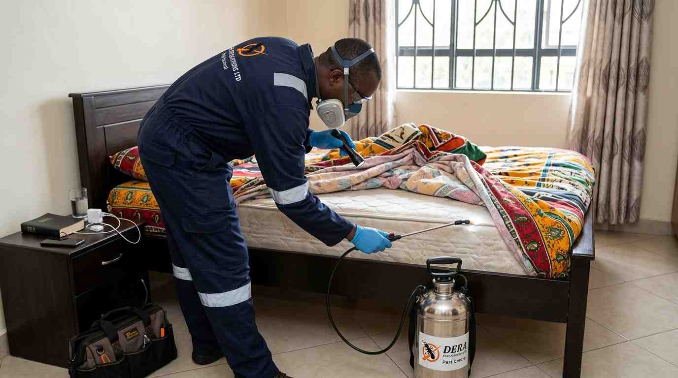 Bedbug treatment on a mattress in a Nairobi bedroom