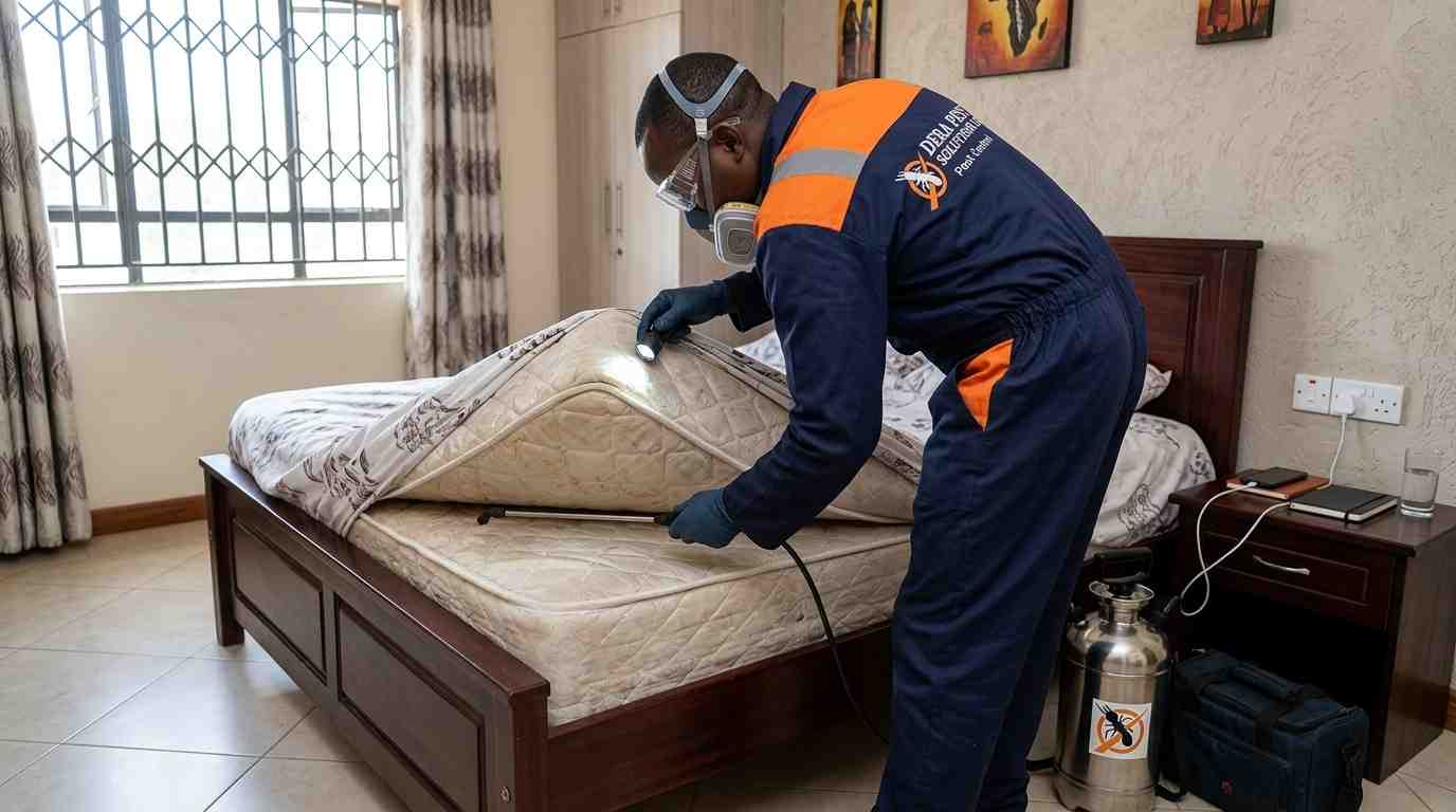 Uniformed Dera technician inspecting a mattress seam with a flashlight